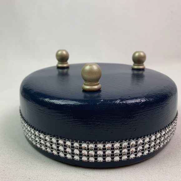 Wood Trinket Bowl Hand Painted Blue Metallic Silver Jeweled Repurposed Crafted - Picture 9 of 10